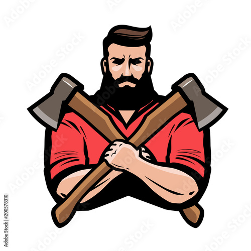 Sawmill, joinery, carpentry logo or label. Lumberjack holds crossed axes in hands. Cartoon vector illustration