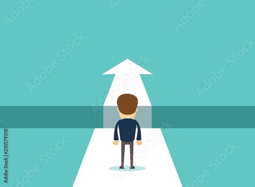 Business challenge concept with businessman walking towards gap. Symbol of success, opportunity, overcoming, ambition and courage. Stock flat vector illustration.