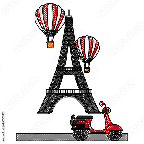 tower eiffel paris scooter and hot air balloons vector illustration