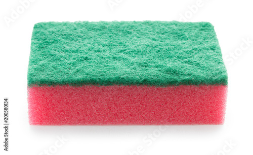 Red and green sponge for washing and cleaning of kitchen ware isolated on a white