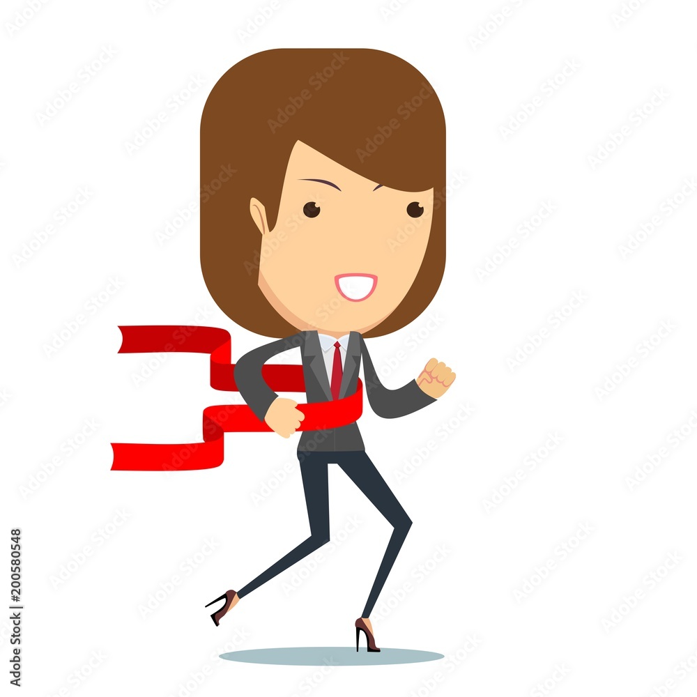 Concept of successful businesswoman in a finishing line. Businessman victory run toward red ribbon tape finish. Concept business illustration. Concept of successful businesswoman in a finishing line. Businessman victory run toward red ribbon tape finish. Concept business illustration.