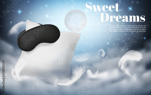 Vector 3d realistic illustration with white pillow, sleep mask, feathers, isolated on blue night background with moon. Mockup with soft cushion for comfortable sleep and sweet dreaming