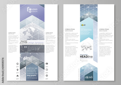 The abstract minimalistic vector illustration of the editable layout of two modern blog graphic pages mockup design templates. Abstract futuristic network shapes. High tech background.