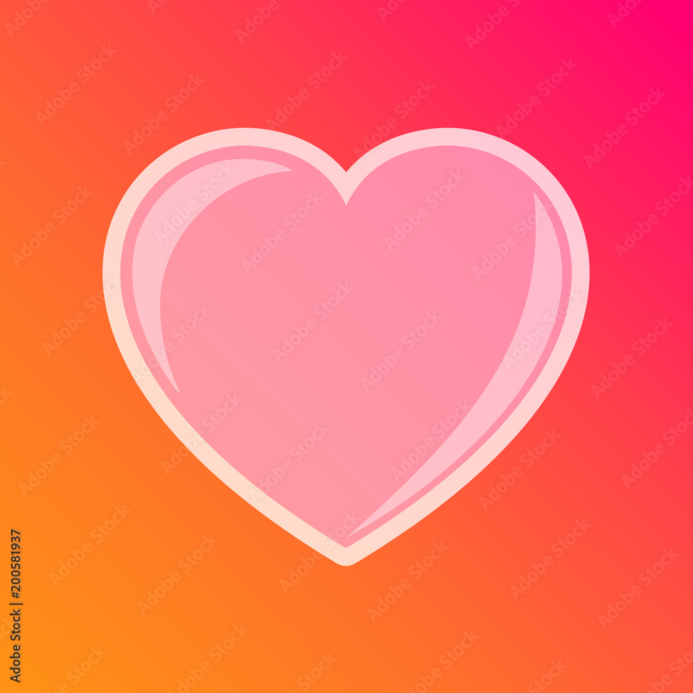 Colorful, pink heart (white outline) icon. On a orange/pink gradient background