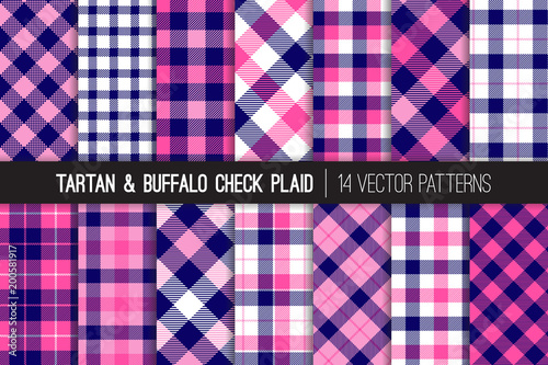  Navy Blue and Pink Tartan and Buffalo Check Plaid Vector Patterns. Girly Flannel Shirt Textures. Hipster Fashion. Checkered Background. Pattern Tile Swatches Included.