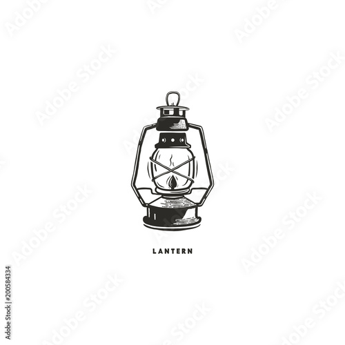 Vintage hand drawn lantern concept. Perfect for logo design, badge, camping labels. Monochrome. Symbol for outdoor activity emblems. Stock illustration isolated on white background
