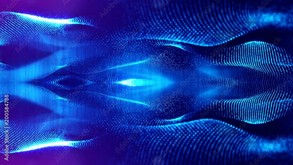 3d loop animation for science fiction background of glowing particles with depth of field and bokeh. Particles form line and surface grid for vj loop. V 14 blue