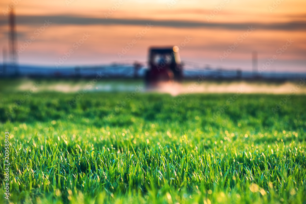 Fototapeta premium Farming tractor plowing and spraying on field