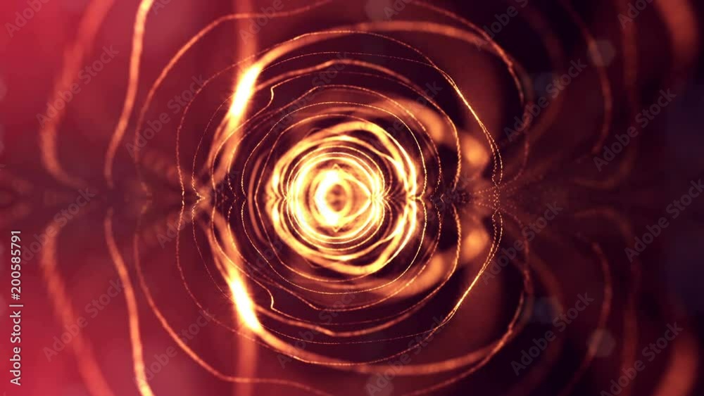 3d loop animation for science fiction background of glowing particles with depth of field and bokeh. Particles form line and surface grid for vj loop. V1 spheres red gold