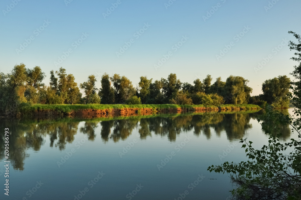 Tranquil nature scene. Water surface and green shores of the river Ob in soft evening sunset colors. Altai, Russia.