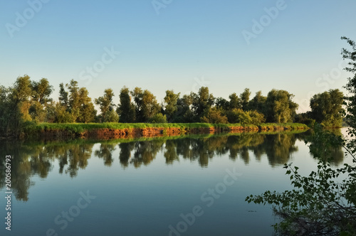 Tranquil nature scene. Water surface and green shores of the river Ob in soft evening sunset colors. Altai, Russia.