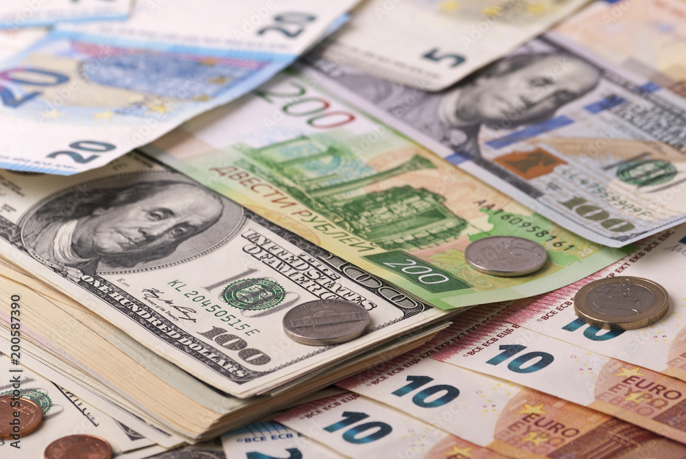 Dollar, euro, ruble banknotes, coins Dollar, euro, ruble banknotes, coins