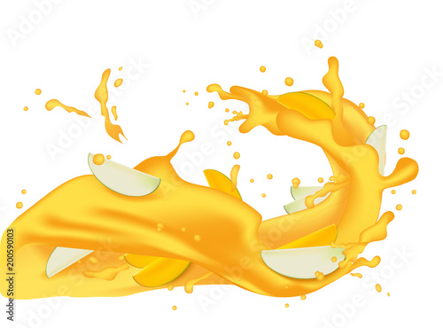 Yellow orange juice 3d illustration with slices of mango, peach, apricot, nectarine, apple. Pouring flowing wave splash for packaging template. Realistic organic healthy fruit product. Vector EPS10.