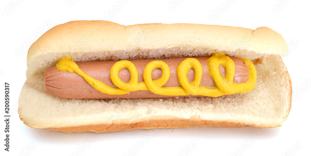 Close-up image of a hotdog sandwich with yellow mustard sauce on a white background Close-up image of a hotdog sandwich with yellow mustard sauce on a white background