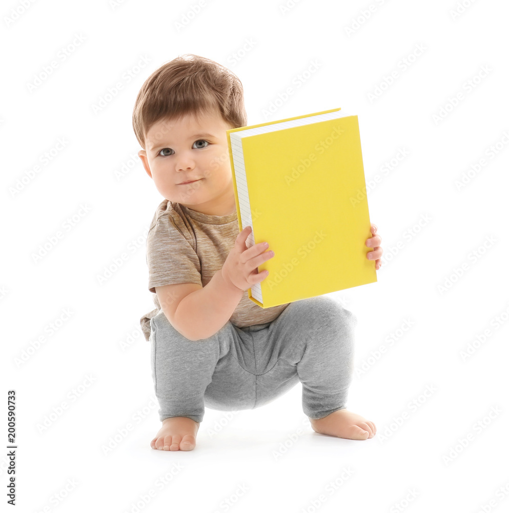Cute baby playing with box on white background Cute baby playing with box on white background