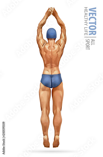 Sport men standing on diving board, preparing to jump and dive. Swimming male. Fit swimmer training in the swimming pool. Dives into the water. Vector illustration.