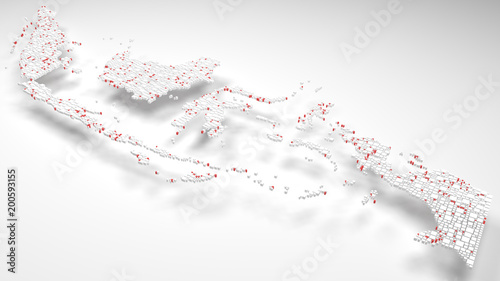 3D Map of the Republic of Indonesia - Asia | 3d Rendering, mosaic of little bricks - White and flag colors