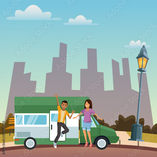 Young people traveling on vehicle vector illustration graphic design