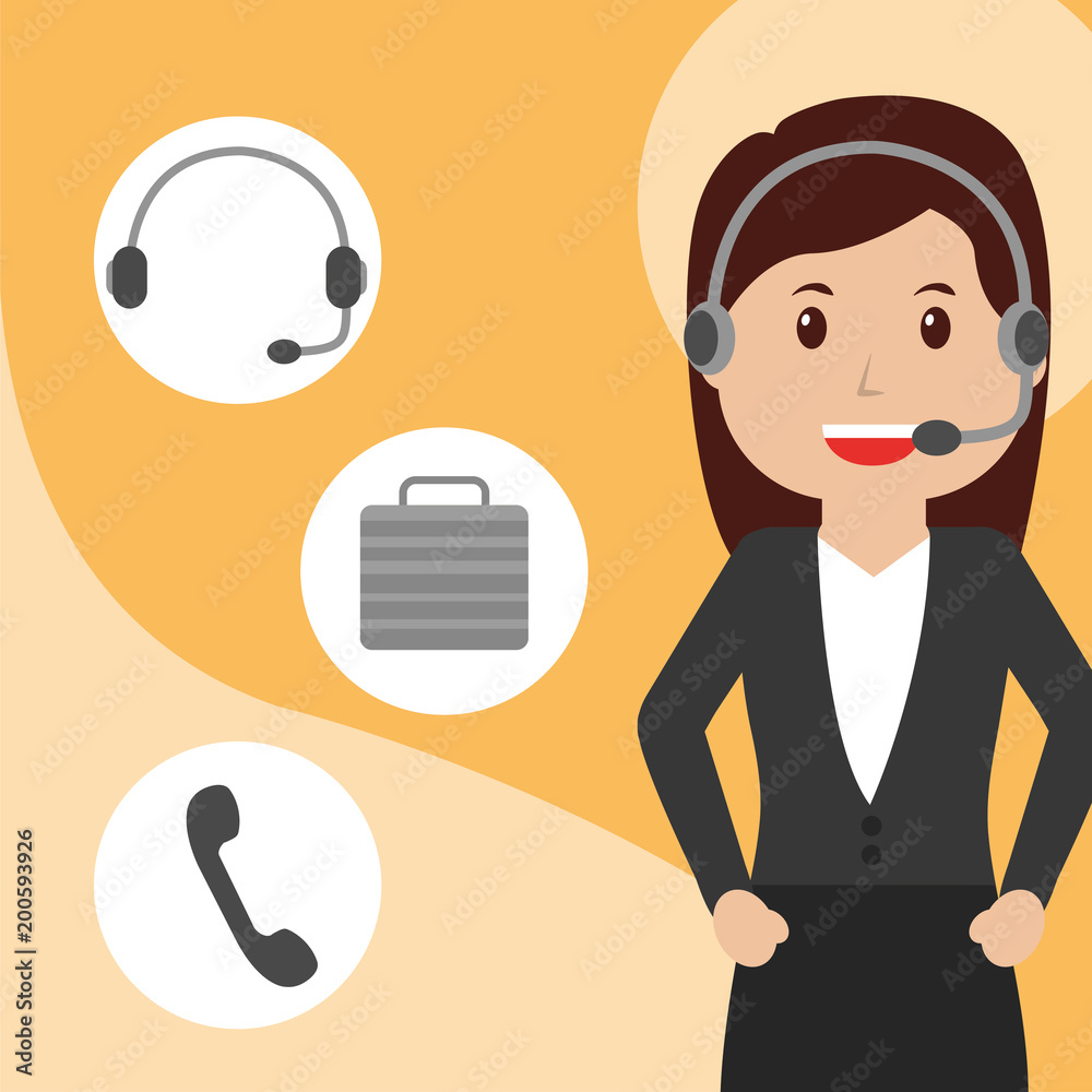 operator woman call center with headphones telephone and suitcase vector illustration operator woman call center with headphones telephone and suitcase vector illustration