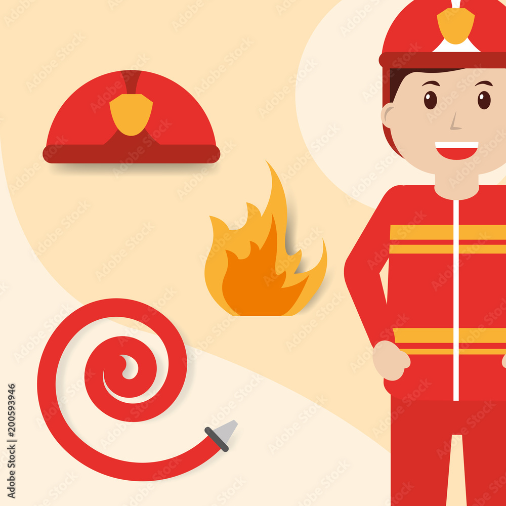 firefighter in uniform helmet with fire and large hose vector illustration