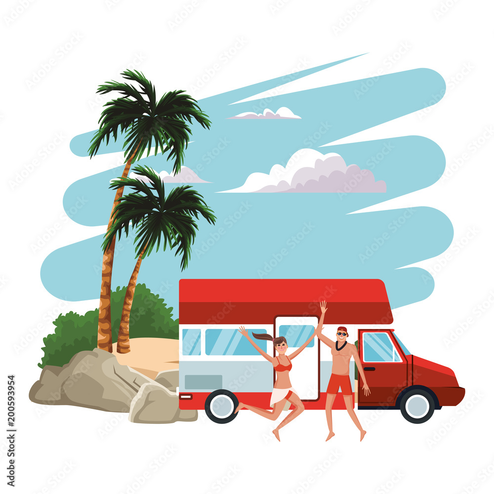 Young people at beach traveling with vehicle vector illustration graphic design