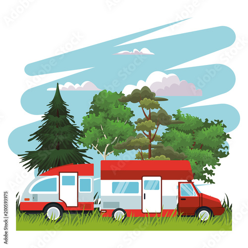 Caravan at nature landscape vector illustration graphic design