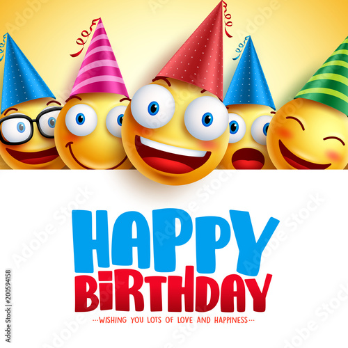 Photography Happy birthday smileys vector background design with yellow funny and happy emoticons and birthday greeting text in empty white background