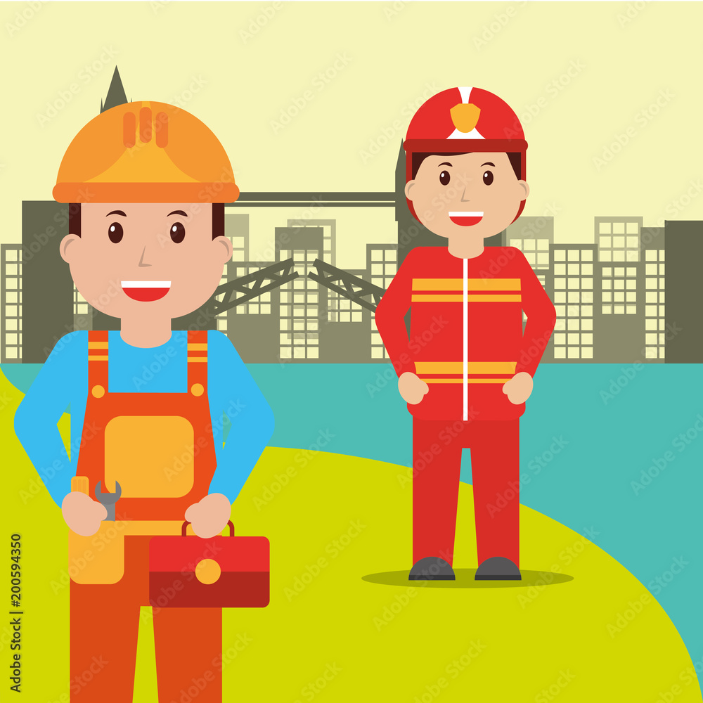 repairman and firefighter people workers profession occupation urban background vector illustration