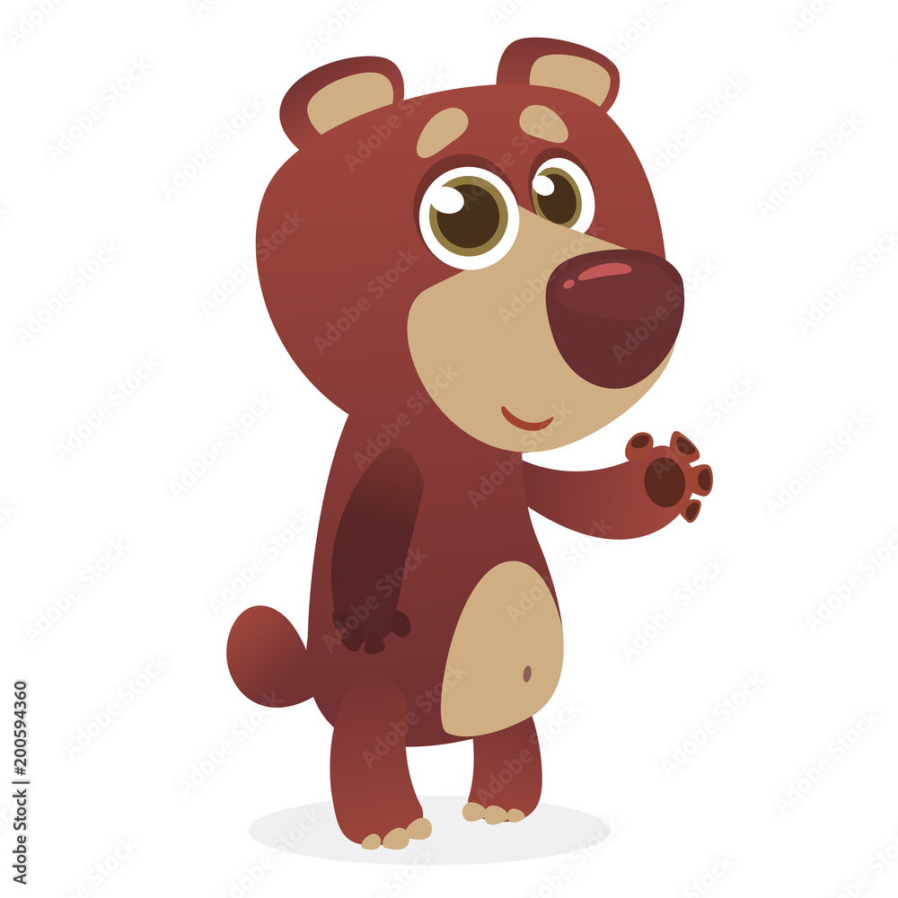 Naklejka premium Cartoon funny brown bear presenting. Vector illustration. Design for print, children book illustration or party decoration