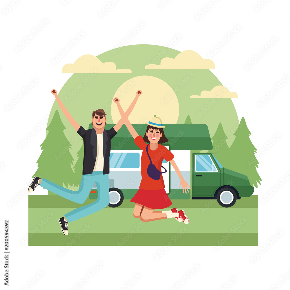 Young couple traveling with vehicle vector illustration graphic design