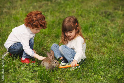 boy and girl playing with rabbit in park
