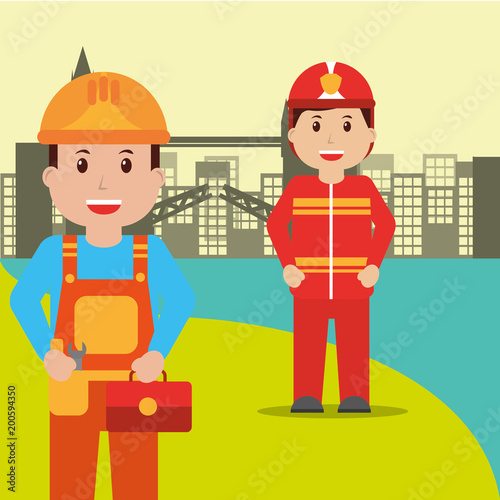 repairman and firefighter people workers profession occupation urban background vector illustration © Gstudio