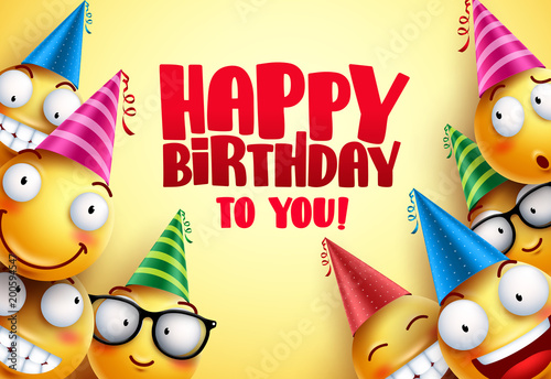Happy birthday vector smileys greetings design with funny and happy yellow emoticons wearing colorful party hats in yellow background. Smileys vector illustration.
