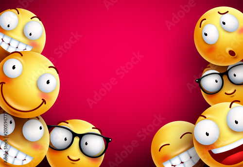 Smileys vector background. Yellow smileys or emoticons with funny and happy facial expressions in empty blank red background for text. Vector illustration.
