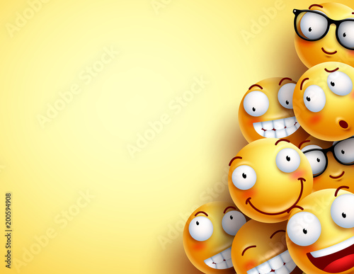 Yellow smileys vector background. Emoticons or smileys with funny and happy facial expressions in yellow blank space background for text or presentation. Vector illustration.
