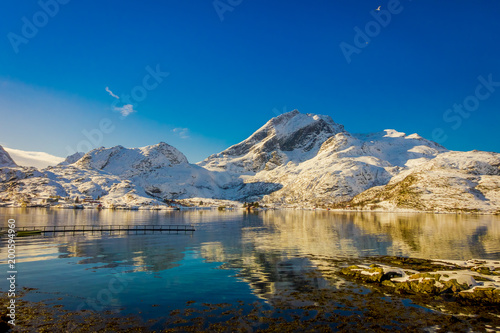 Astonishing scenic view of mountain peaks and reflection in water on Lofoten islands in Norway