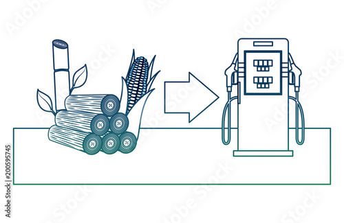 biofuel station gas pump cob corn sugar cane vector illustration degraded color