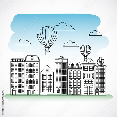 france paris architecture vintage neighborhood hot air balloons flying in sky