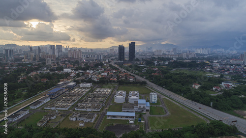 Aerial of a city's waste management sewage and water treatment plants