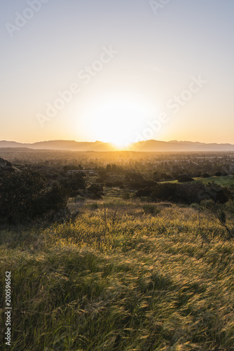 Vertical sunrise view of spring meadow at Santa Susana State Historic Park in the San Fernando Valley area of Los Angeles, California. 