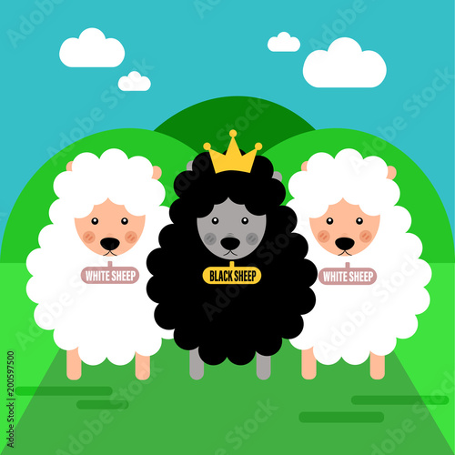 Black sheep with crown and white sheep cartoon vector illustration