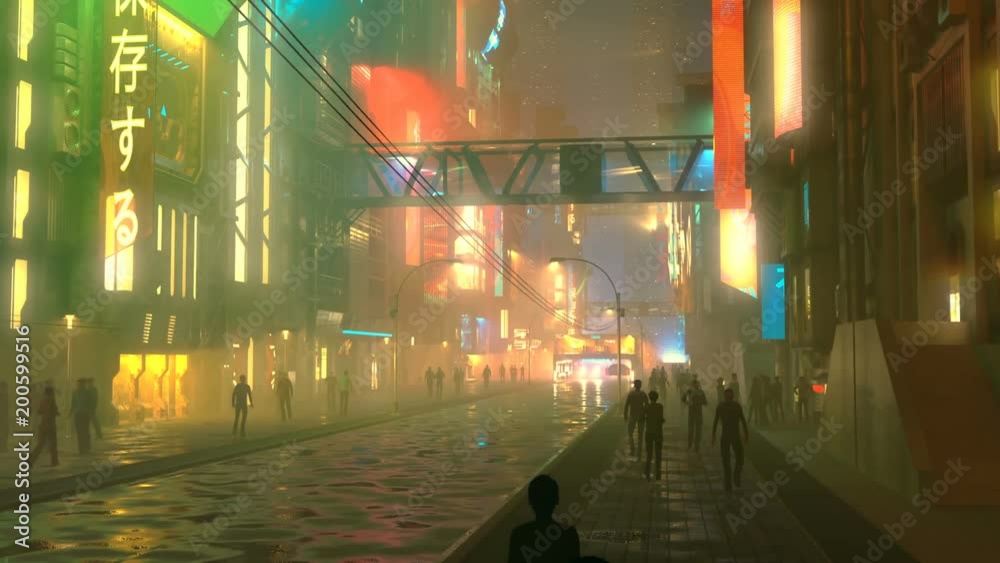 Sci fi futuristic city at night with aerial city traffic and peoples