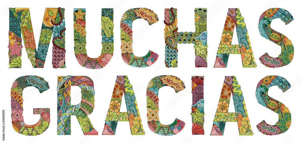 Words MUCHAS GRACIAS. Many thanks in Spanish. Vector decorative zentangle object