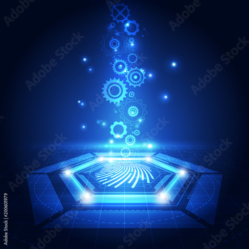 Fingerprint integrated in a printed circuit, releasing binary codes. fingerprint Scanning Identification System. Biometric Authorization and Business Security Concept. Vector illustration background