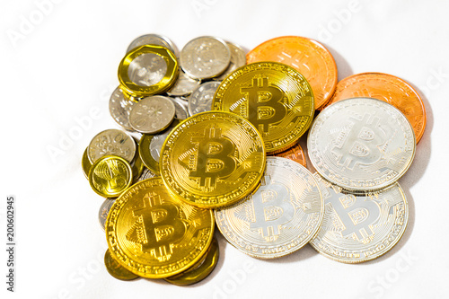 Singapore Dollar coins and Bitcoins Cryptocurrency coins on White background Isolated