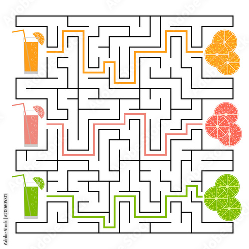 A square labyrinth. Find the way from juice to fruit. Simple flat isolated vector illustration. With the answer.