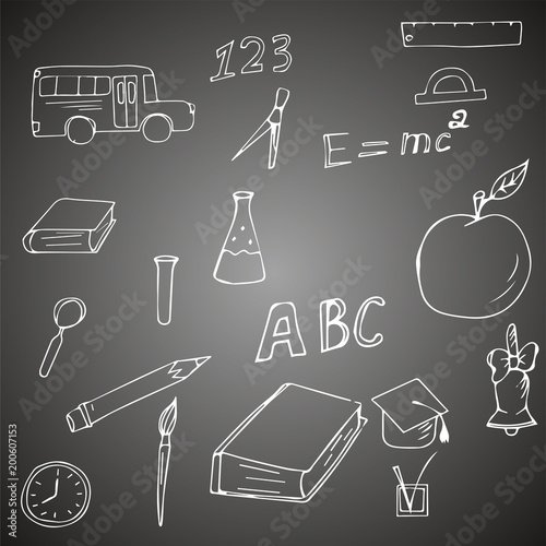An inscription on the chalkboard, vector icons of white color on a black background