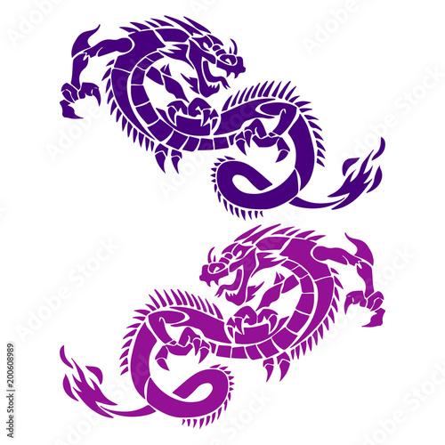 Two dragons blue and violet, silhouette on white background,