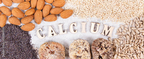 Products and ingredients containing calcium and dietary fiber, healthy nutrition photo