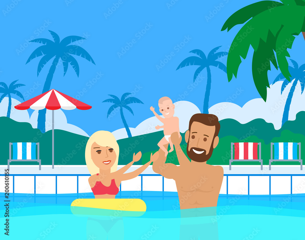happy family in swimming pool with baby.summer vacation happy family in swimming pool with baby.summer vacation